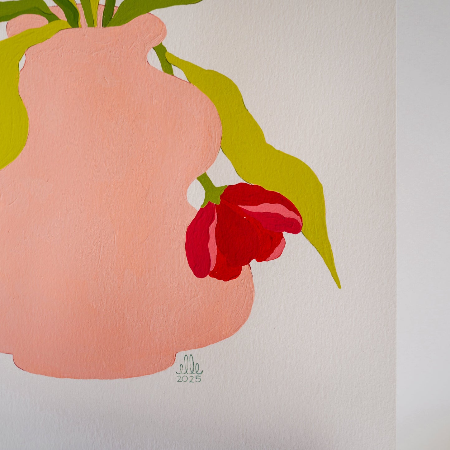 Original "Red Tulips in a Pink Vase" on Paper