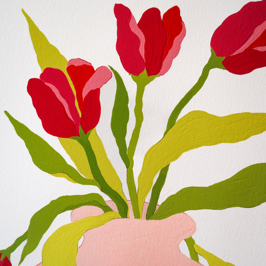Original "Red Tulips in a Pink Vase" on Paper