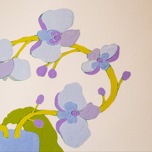 Original "Purple orchids in a Periwinkle Vase" on Paper