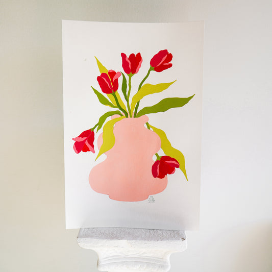 Original "Red Tulips in a Pink Vase" on Paper