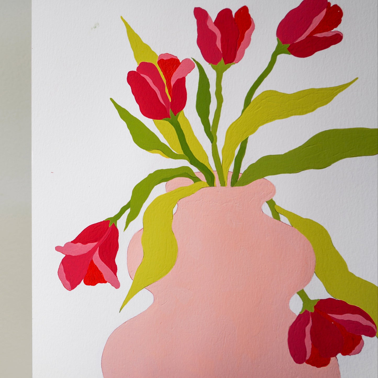 Original "Red Tulips in a Pink Vase" on Paper
