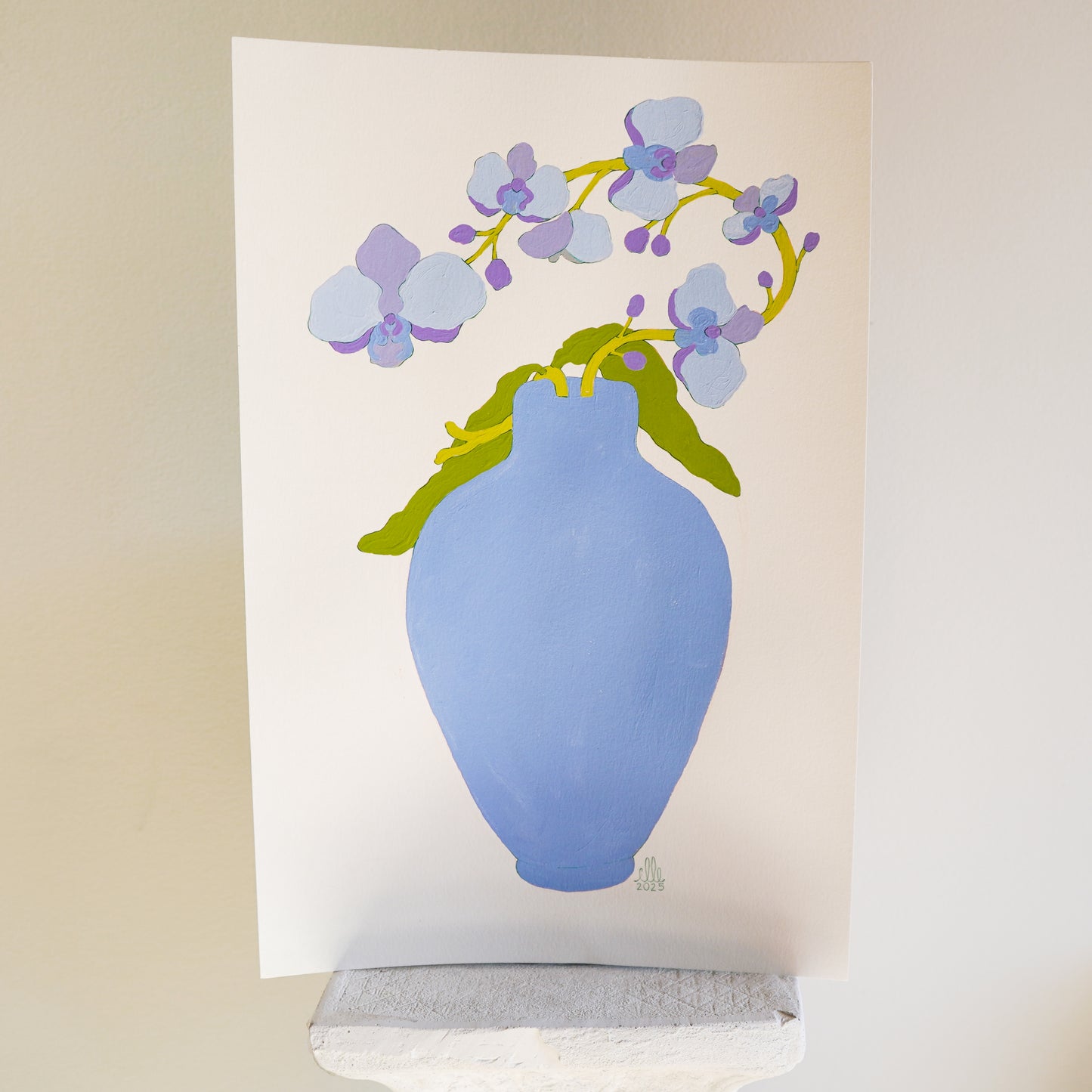 Original "Purple orchids in a Periwinkle Vase" on Paper