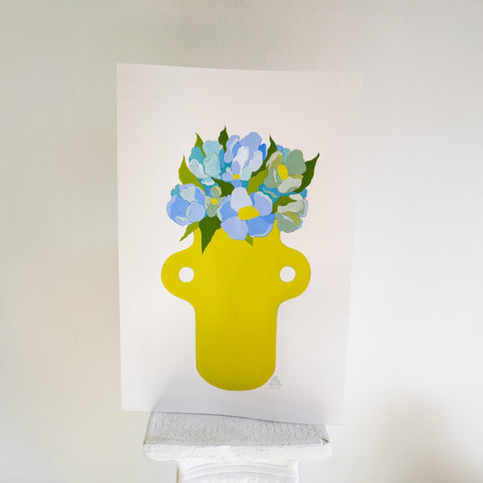 Original "Blue Hydrangeas in a Chartreuse Vase" on Paper